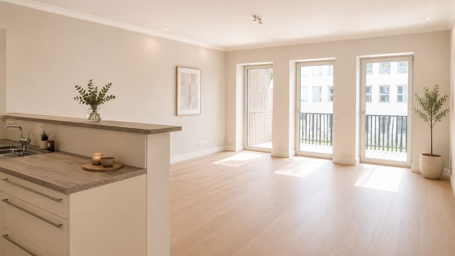 Exklusive 4-Zimmer-Residenz mit Südbalkon & Concierge im Gerling Quartier | Sofort bezugsfrei – Wohnzimmer mit Süd-Fenster 