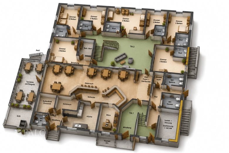 Drei Konzepte, ein Grundstück: Gastronomie, Eventlocation und Zimmervermietung – 3D Grundriss EG