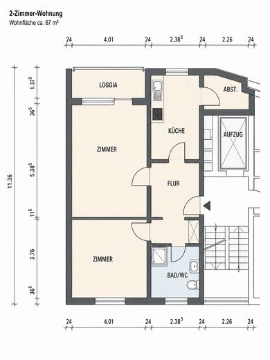 Bezugsfrei & provisionsfrei: Großzügige 2-Zimmer-Wohnung mit Südwest-Loggia und Stellplatz – Grundriss