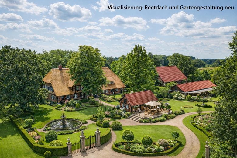 Exkl. Anwesen, Family-Office oder Pferdehof nur 64 km von Hamburg - max. bis 30 ha Eigenland möglich – Visualisierung: Reetdach neu
