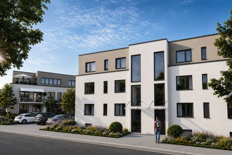 Neubauwohnung mit Garten, KfW-Förderkredit bis 100.000 €, provisionsfrei – Illustration Außenansicht