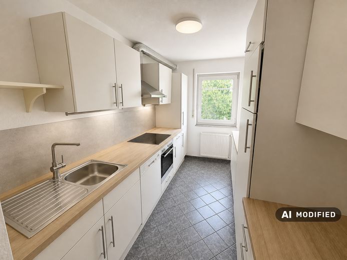 Provisionsfrei & erbpachtfrei: Helle 3-Zimmer-Wohnung mit zwei Balkonen im Frankfurter Bogen – KI-Beispiel: moderne Küche