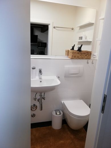 Appartement entièrement équipé, terrasse, jardin, place de stationnement – Badezimmer