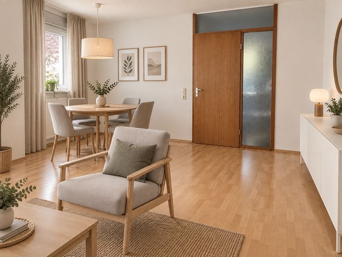 3-Zi-Gartenwohnung mit Terrasse und TG – ab sofort frei – KI Wohnzimmer zum Flur