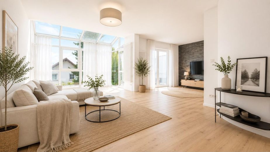 Helle & klimatisierte Maisonettewhg. mit neuer Küche & Wintergarten - Erstvermietung nach Sanierung – Wohnbereich (KI-Ansicht)