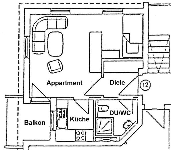 Dresden-Cotta – prov.frei, ruhige, mod. 1 Zi.-Whg. mit Balkon, sep. Küche mit Einbauten u. TG Stpl. – Grundriss