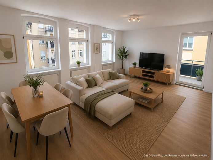Zentrumsnahe, ruhige 2,5-Zimmer-Wohnung mit Balkon in Brühlervorstadt – Wohnzimmer (AI Illustration)