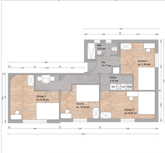 Pokój w mieszkaniu współdzielonym dla studentów i młodych profesjonalistów / Emser Straße 40, Frankfurt am Main / WE 8 / 3.OG / Zi. 3 – Grundriss
