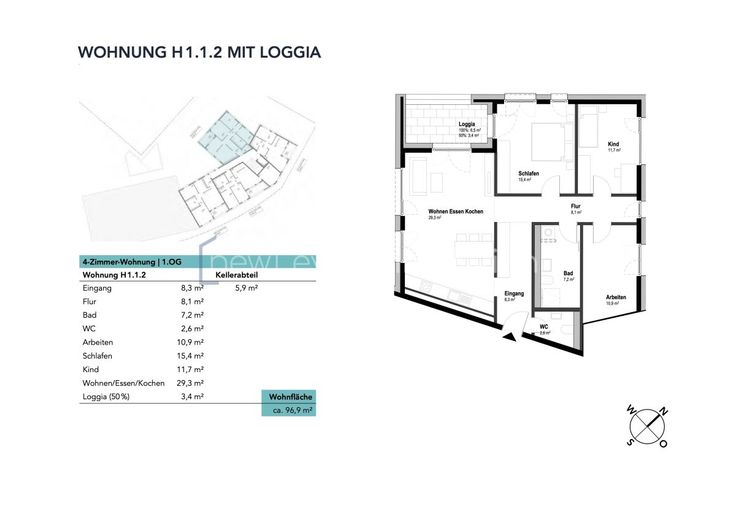 4-Zi. - Eigentumswohnung im ILLERPARK mit Loggia | 96,9 m² |  Erstbezug (1.1.2) – Wohnung H1.1.2 mit Loggia