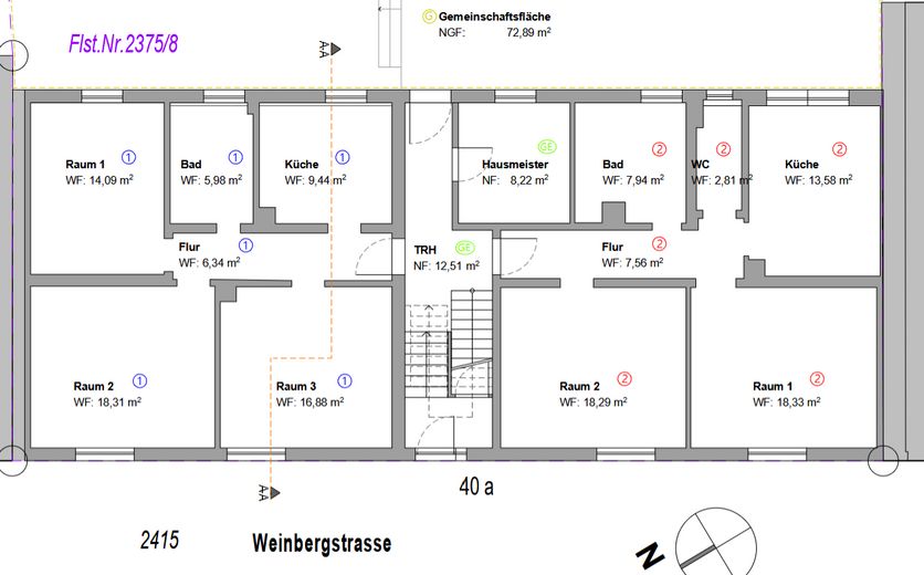 Provisionsfrei! Vermietete 2-Zimmer-Erdgeschosswohnung (68,5 m²) in zentraler Lage von Baden-Baden – Grundriss, Whg 2, EG rechts