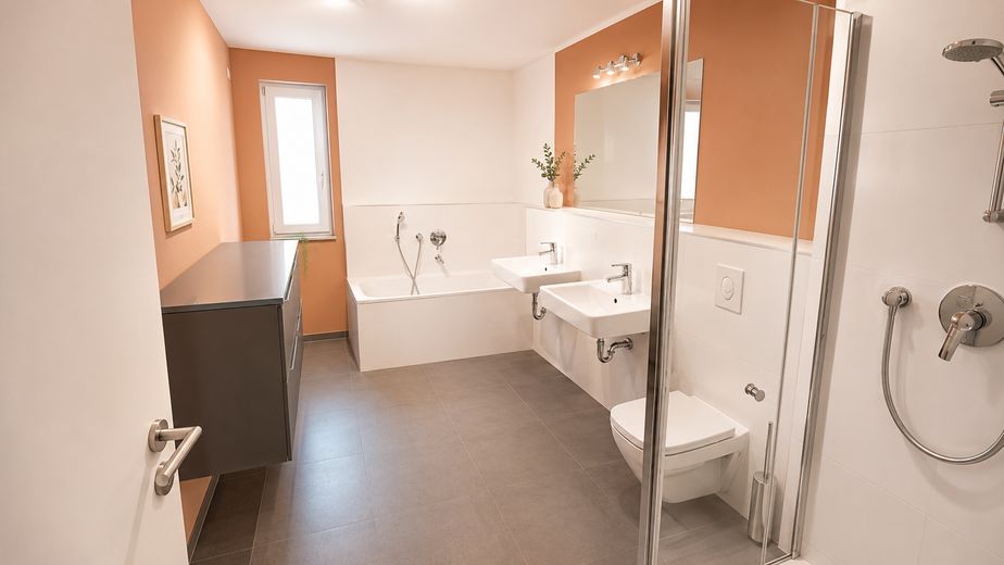 Luminoso piso de obra nueva de 97 m² (2019) en Lichtenberg: 3 habitaciones, 2 balcones, ascensor, sin comisión y disponible para entrar a vivir – Badezimmer