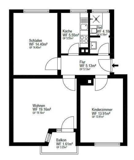 3-Zimmer-Wohnung mit Balkon in Stuttgart-Ost – Grundriss