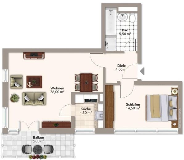 Frisch renovierte 2-Zimmer-Wohnung mit neuer Einbauküche und Balkon in Sendling-Westpark – Grundriss, Skizze