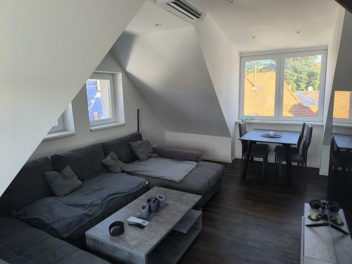 Neubau (BAFA/KfW) 85m² 2,5 ZKB helle DG-Wohnung, 2 begehbare Kleiderschränke, 3fach Verglasung – Wohnzimmer mit Essbereich