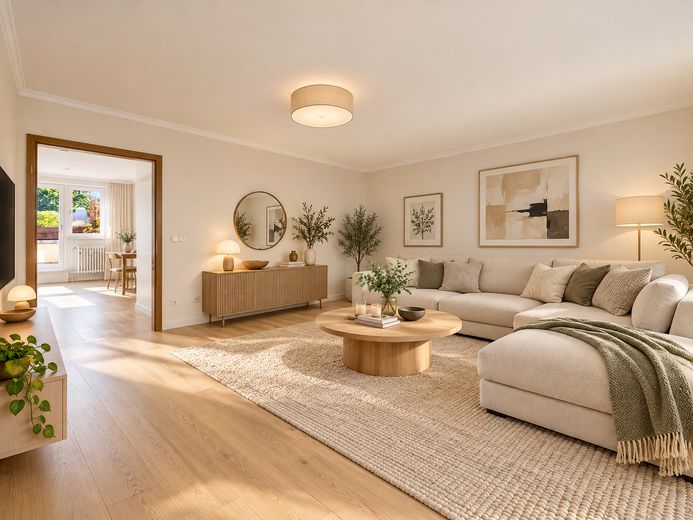 شقة مشرقة في الطابق العلوي مع شرفتين وإمكانات كبيرة للتصميم في ميونخ – Wohnzimmer visualisiert