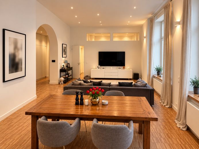 Urbaner Rückzugsort in Haidhausen, Hochwertiges Design-Loft mit separatem Cityoffice – Wohnzimmer Frontansicht 60qm2