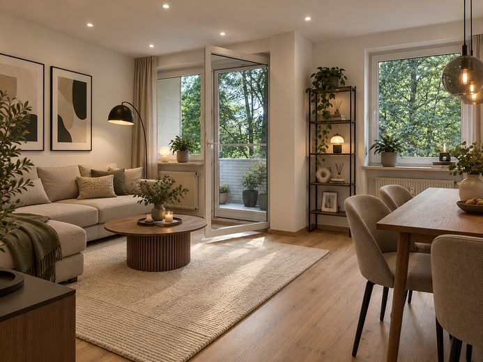 Frisch modernisierte 3-Zimmer-Wohnung mit Loggia – sofort bezugsfrei und Provisionsfrei – Wohnzimmer mit KI möbliert