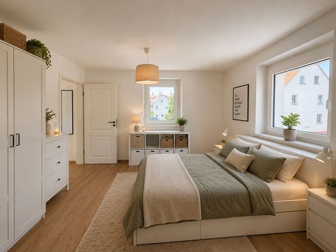 Voll möbliertes Zimmer - neu saniert - All-Inklusiv in Bechhofen – Helles Schlafzimmer (KI Bsp.)