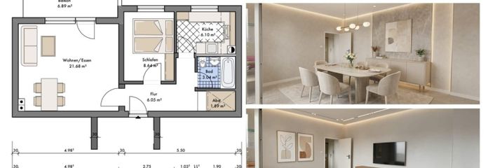 Çok iyi kiralanmış, aydınlık 2 odalı mutfaklı banyo ve büyük balkonlu, geniş manzaralı. Kararlaştırıldıktan sonra boş olacaktır – WZ-Einrichtungsvorschlag
