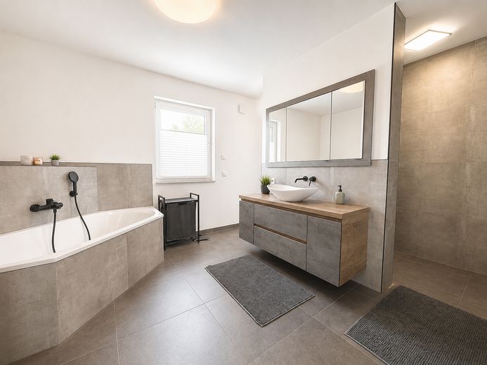 Sin comisión | Casa unifamiliar moderna con piscina y lounge | Orientación sur | Cerca de la A9 – Badezimmer
