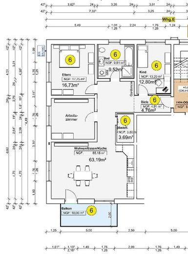 4 Zi. Wohnung (Nr. 6.1, OG) mit Badewanne / Dusche und Balkon – Grundriss