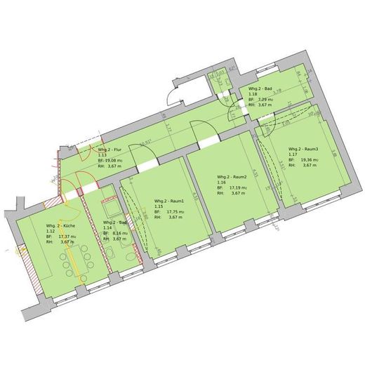 Modernes Wohnen im energetischen Denkmal – 3-Raum-Wohnung im Hochparterre (inkl. Einbauküche) – Grundriss Wohnung