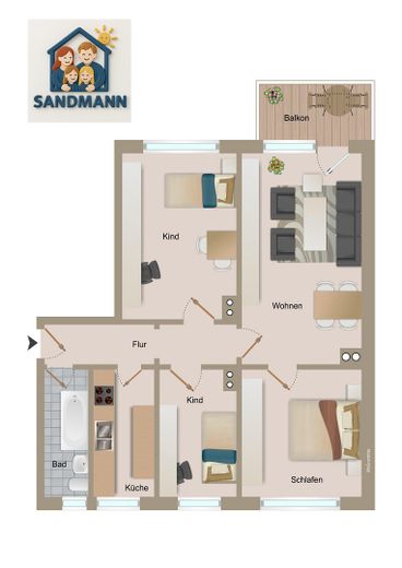 Frisch renoviert: 4 Zimmer, Balkon, EBK und Stellplatz – Grundriss 4 Raumwohnung