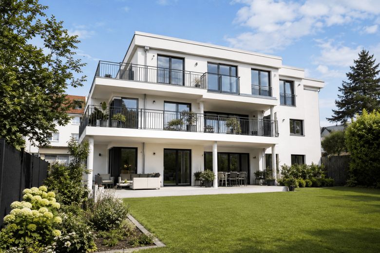 Neubau trifft Lebensqualität - Erdgeschosswohnung der Extraklasse mit Privatgarten in Rodenkirchen – Außenansicht hinten