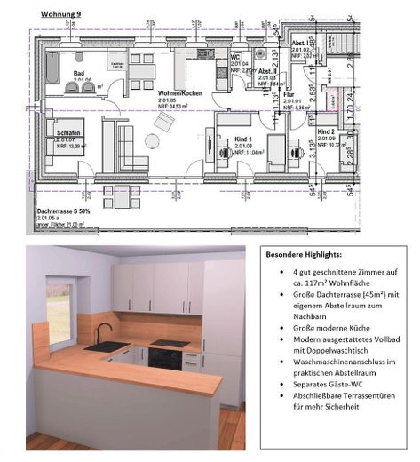 Erstbezug Neubau: Penthouse, 4 Zimmer Wohnung 112 m² Dachterrasse Einbauküche in Neumünster Gadeland – Penthouse mit Dachterrasse
