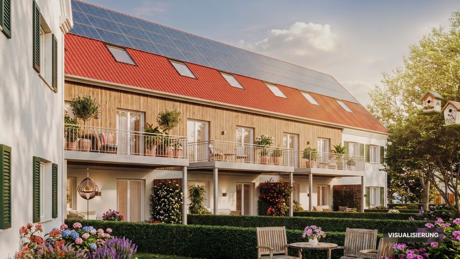 Eenheid 2 – Rijtjeshuis in landelijke stijl met tuin & dubbele garage | KfW-40-QNG, bouw gestart – Visualisierung – Gärten