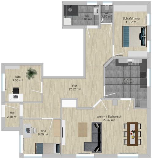 High-quality, bright & perfect for working from home: well-maintained 4-room apartment in Eutingen – Grundriss möbliert (Beispiel)