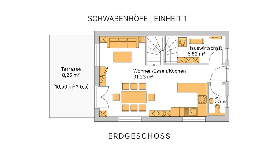 Eenheid 1 – hoekwoning in landelijke stijl met tuin & dubbele garage | KfW-40-QNG, bouw gestart – EG / Einheit 1
