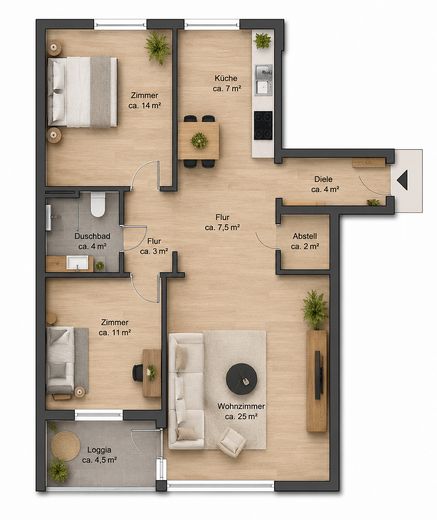 Appartement 3 pièces fraîchement rénové et libre, avec balcon orienté au sud – Grundriss
