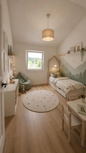 Eerste bewoning: nieuwbouw-maisonette met het karakter van een huis – 4 kamers, 2 volledige woonlagen & een aandeel in de tuin. – Kinderzimmer (KI Generiert)