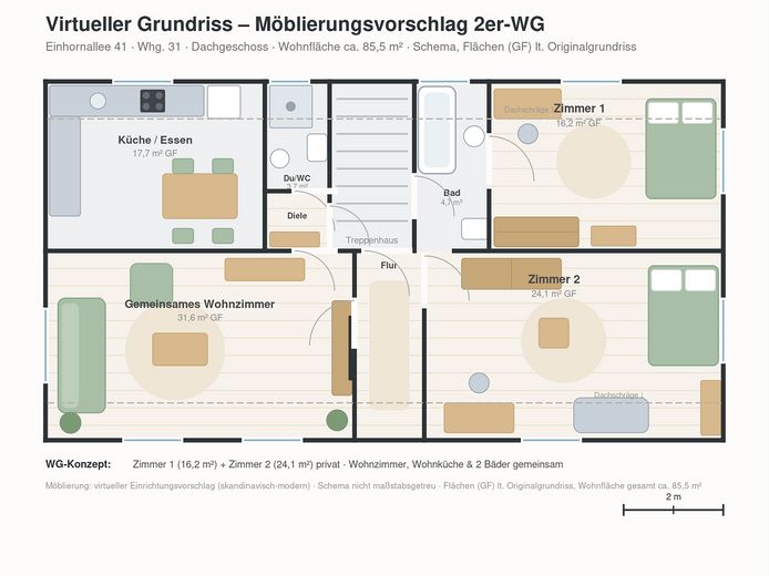 Odnowione 3-pokojowe mieszkanie na poddaszu (odpowiednie dla wspólnego mieszkania) – Grundriss