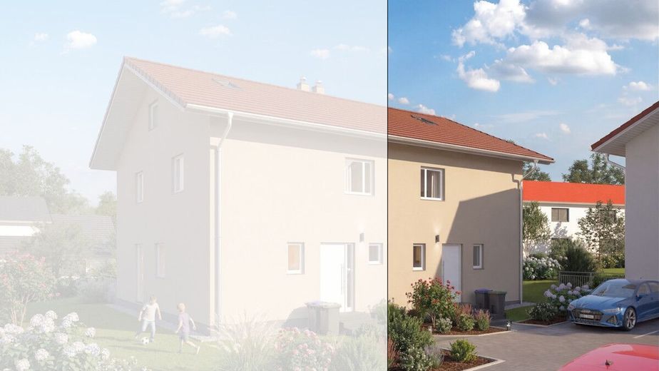 Idyllisch &amp; Modern: Neubau-Doppelhaushälfte am Tor zur Chiemgauer Seenplatte – Straßenansicht