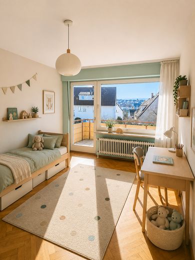 Stuttgart-Weilimdorf'un sakin bir konumunda, güney bahçeli komisyonsuz ikiz ev – KI-Visualisierung Zimmer 1 OG