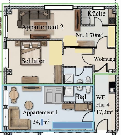 TOP 1R=34m², 2R= 7m², 3 R= 114m² umeblowane apartamenty, również do wynajmu krótkoterminowego – Appartement 1 & 2= 3R + Flur