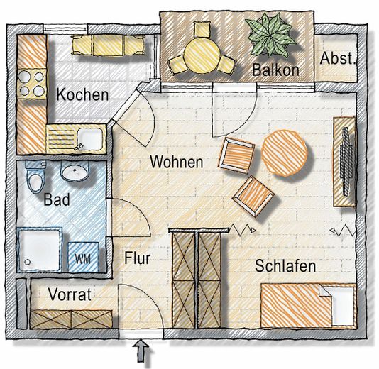 Helle 1,5-Zimmer-Wohnung in der Seniorenwohnanlage Papiergässle im Herzen von Waldkirch – Grundriss