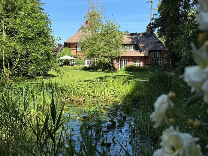Senza provvigione: vita idilliaca sotto tetto in canna nel casa forestale non lontano dal Mar Baltico – Gartenansicht mit Teich