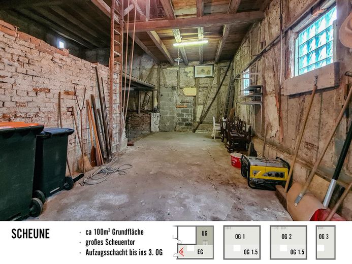 Haus mit großer Scheune: Wohnen, Werkstatt & Hobby unter einem Dach – Blick in die Scheune