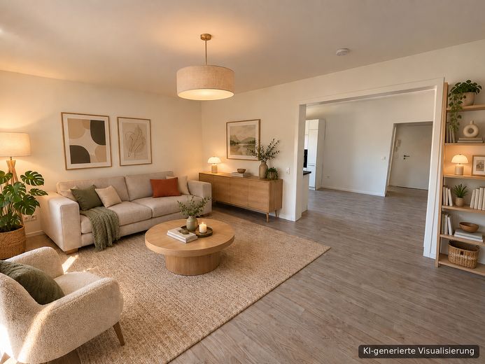 Frisch renovierte 2-Zimmer-Wohnung für 1-2 Personen, Balkon, Einbauküche, ca. 61 m², Lünen-Wethmar – KI - Wohnzimmer