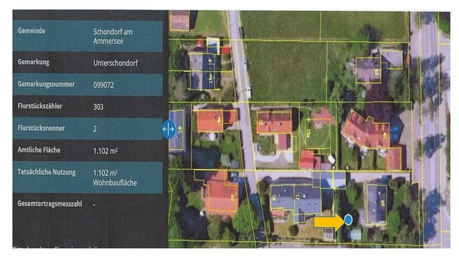 1.102 m² Grundstück in Schondorf am Ammersee – §34 BauGB – Daten aus BayernAtlas
