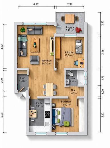 Первое заселение после ремонта | 3 комнаты | 74 м² | балкон | парковочное место – Grundriss