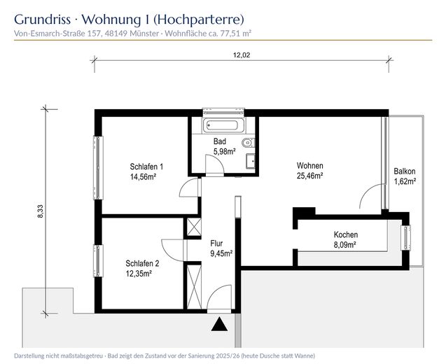 Kernsaniert & sofort bezugsfrei: 3-Zimmer-Wohnung mit Balkon in Münster-Gievenbeck – provisionsfrei – Grundriss