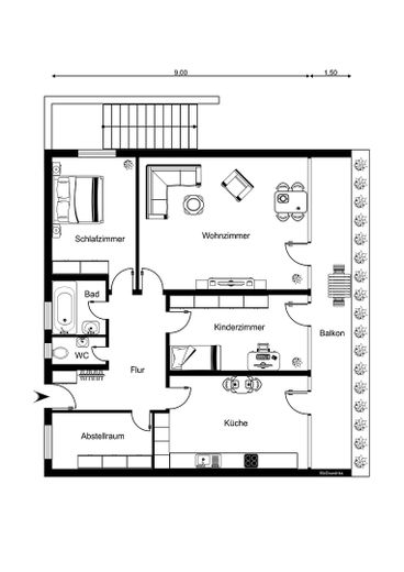 Grundriss als 3-Zi