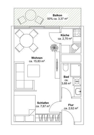 FREI Wunderschöne 1,5-Zi-Whg mit großem Balkon – Der Grundriss