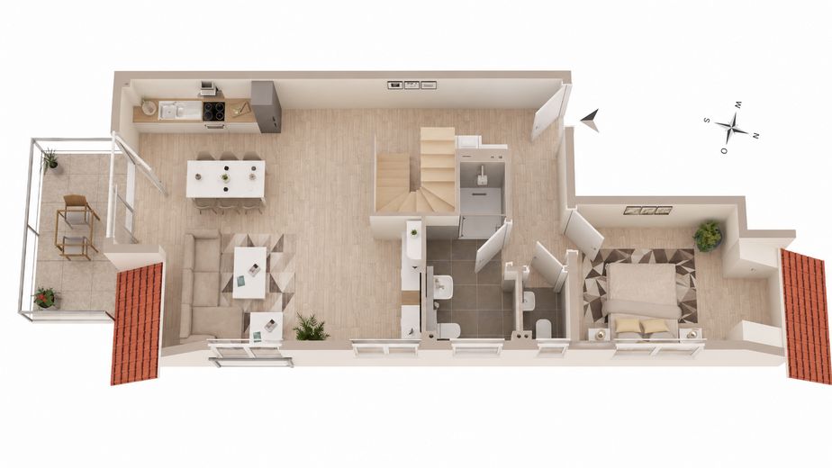 Großzügige 4,5-Zi.-Maisonette in Ergenzingen - Balkon, TG-Stellplatz & Wohnen auf 2 Ebenen – 3D-Grundriss 1. DG