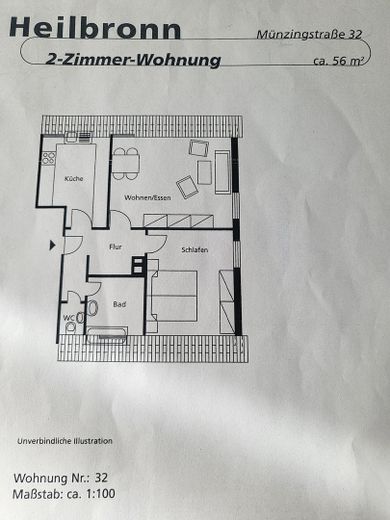 2-Zimmer-Wohnung in Heilbronn, zentrale Lage, 2 Keller – Grundriss