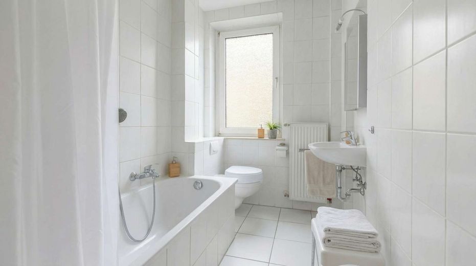 Vermietete 3-Zimmer-Wohnung mit Südwest-Balkon in Frankfurt-Ginnheim – Badezimmer - digital nachbearbeitet aus Privatsphäregründen